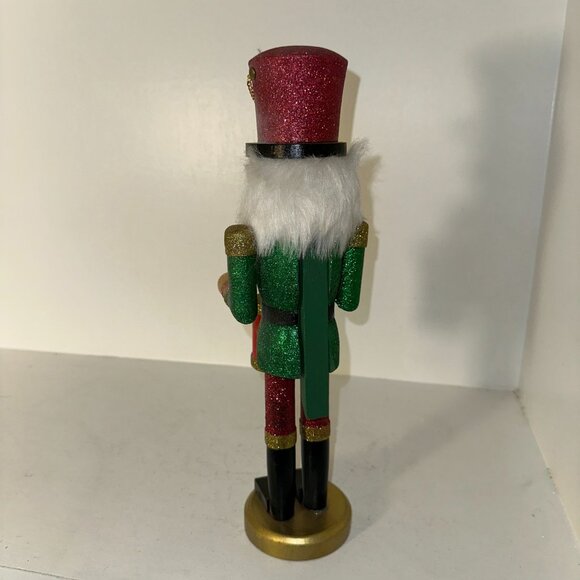 Handcrafted Wooden Nutcracker Drummer Figurine With Red & Green Glitter Accents - Picture 3 of 5